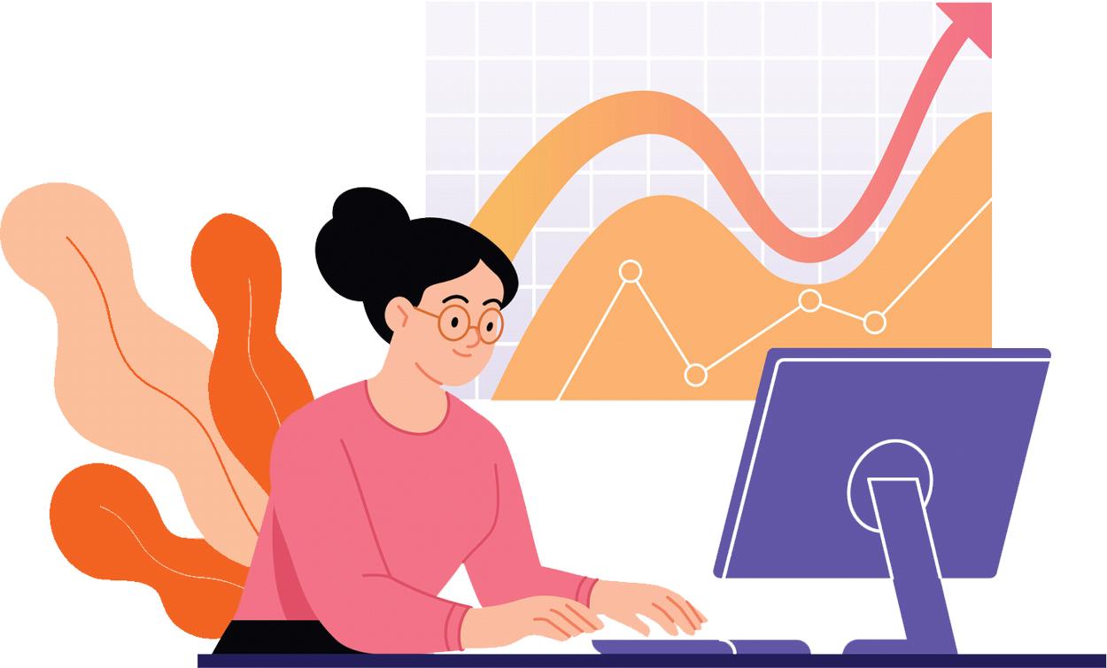 Vector woman with graph on computer